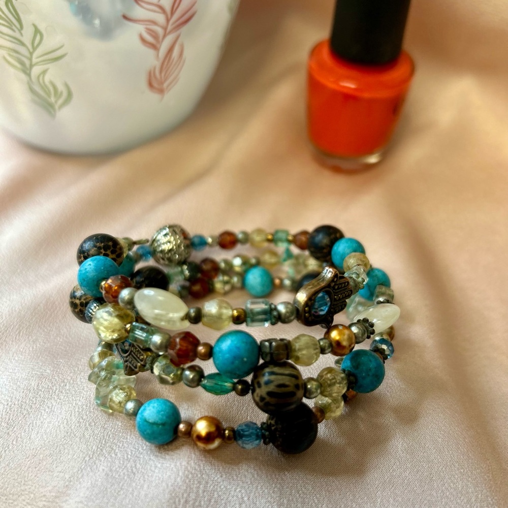 Turquoise & Mixed Bead Coil Bracelet - Women's Layered Fashion Jewelry